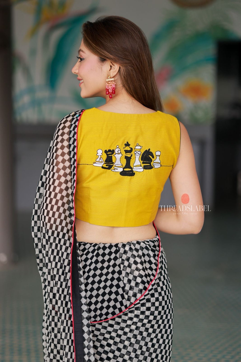 Black & white matrix chiffon saree with chess blouse