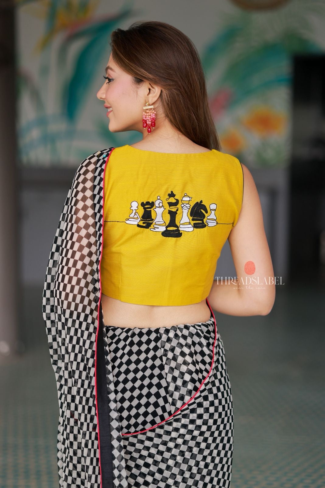 Black & white matrix chiffon saree with chess blouse