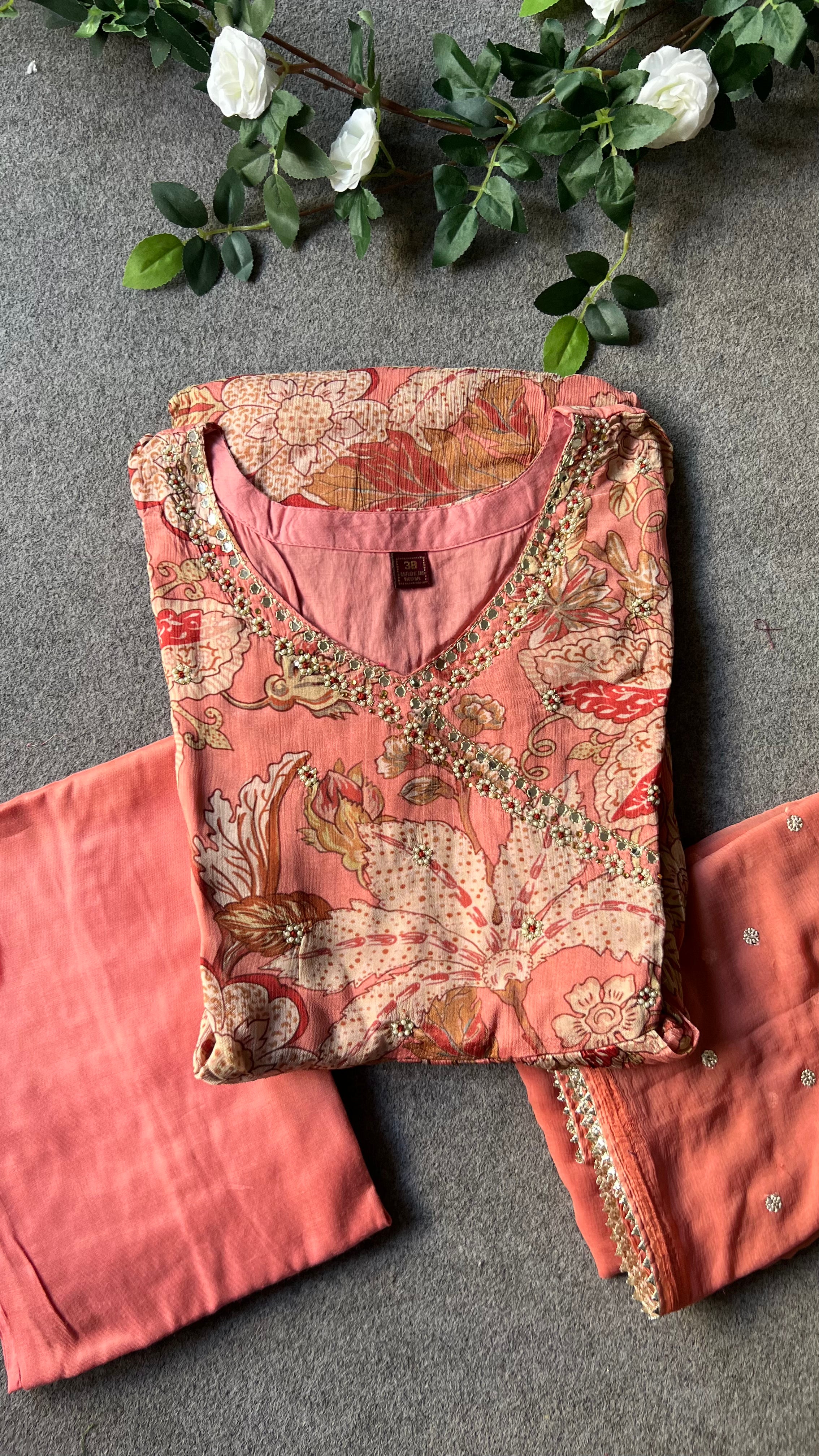 Peach Chinnon floral printed 3 piece kurti suit