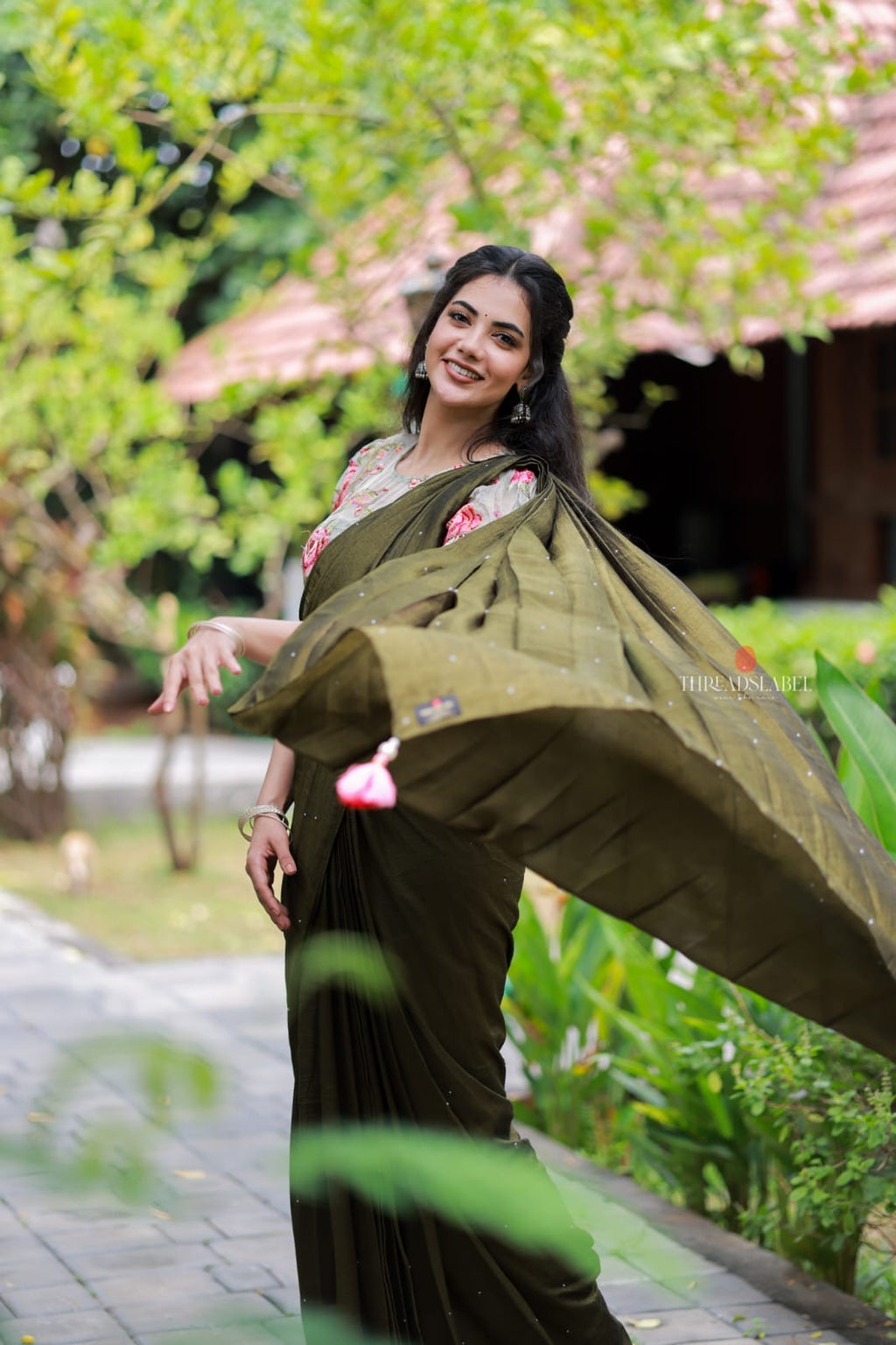 Bottle green Marble Saree with Handwork Blouse
