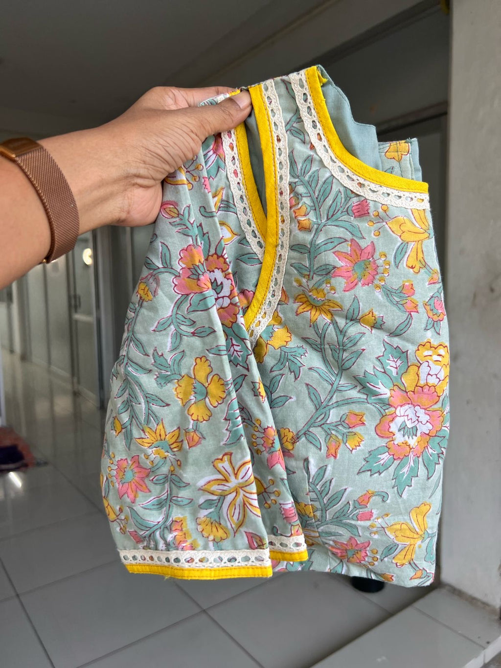 Yellow checked organza with floral cotton blouse