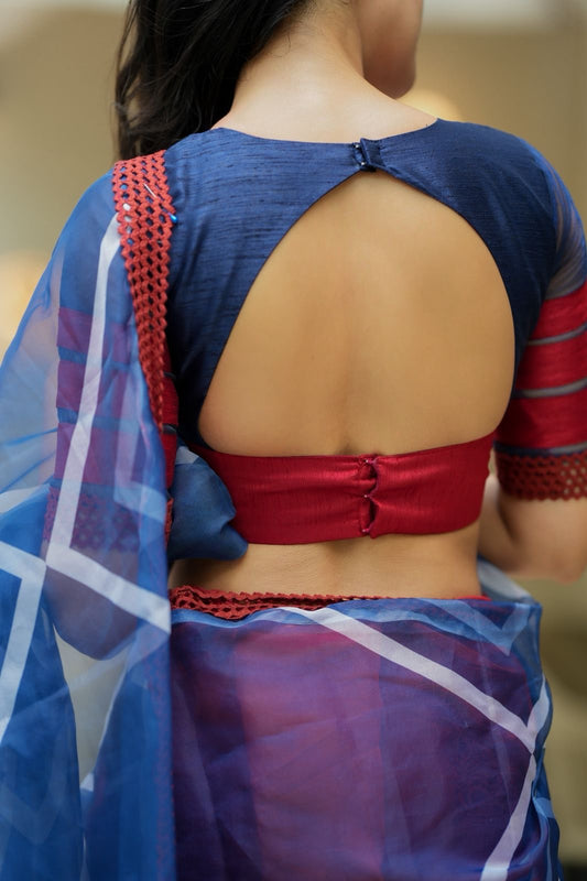 Blue maroon organza saree with patterned blouse