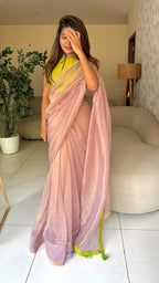 Purple pink tissue saree with hand work blouse
