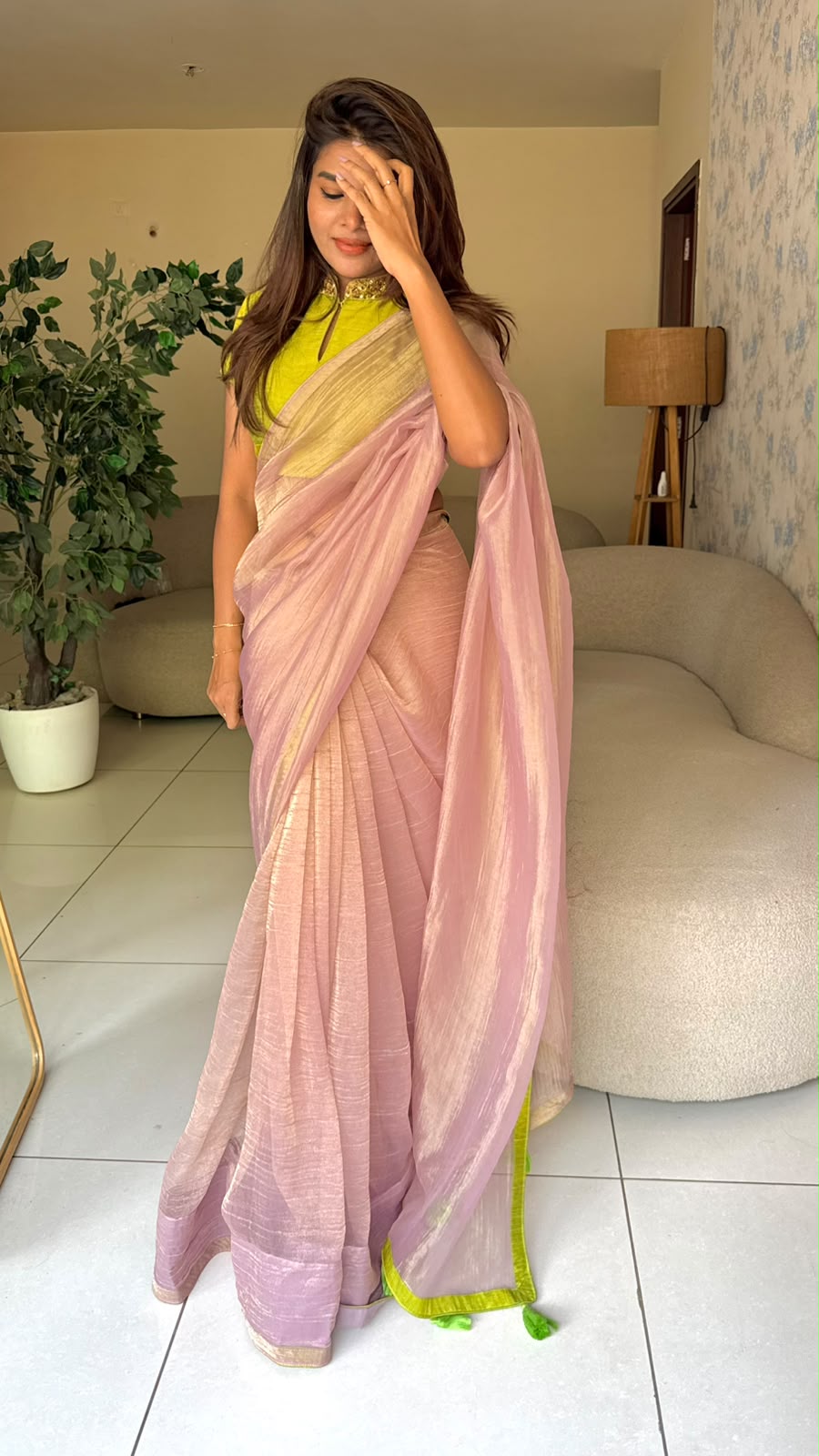 Purple pink tissue saree with hand work blouse