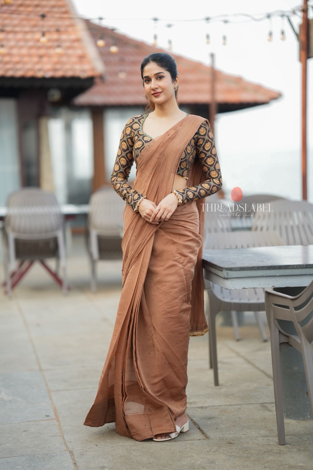 Brown malai chanderi saree with Ajrak print blouse