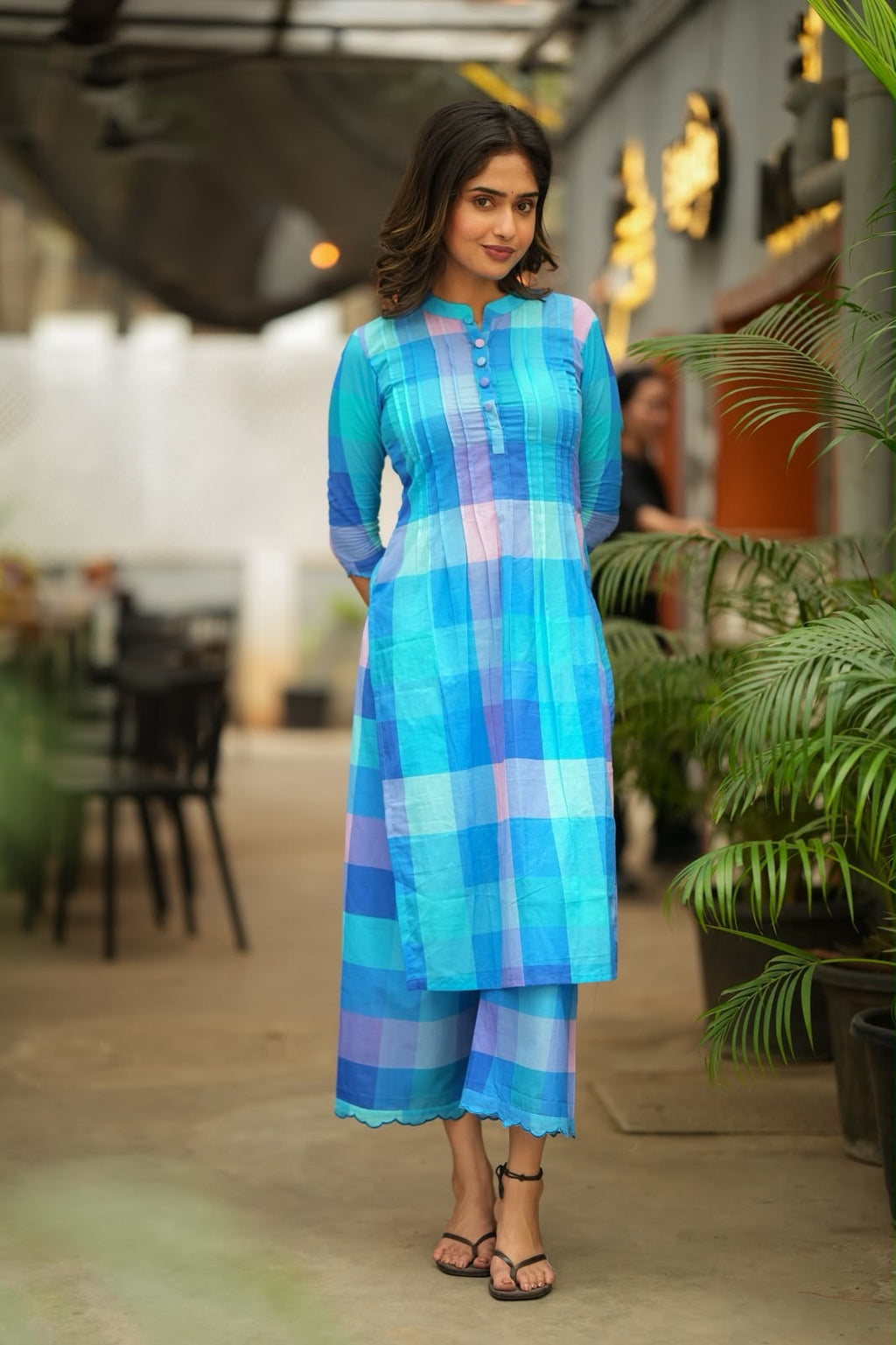 Blue checked cotton 2 piece kurti