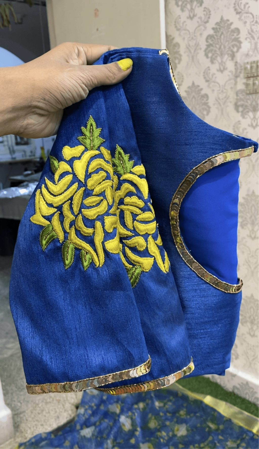 Blue Silk Blouse with Threaded Floral hand work
