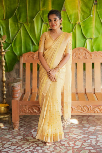 Gold kota doria saree with hand work blouse