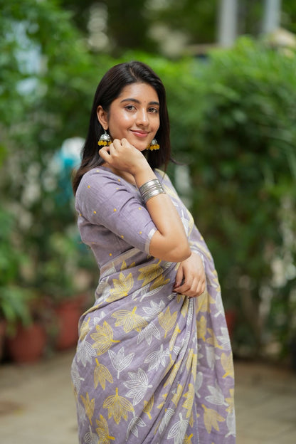 Lavender linen floral saree with hand work blouse