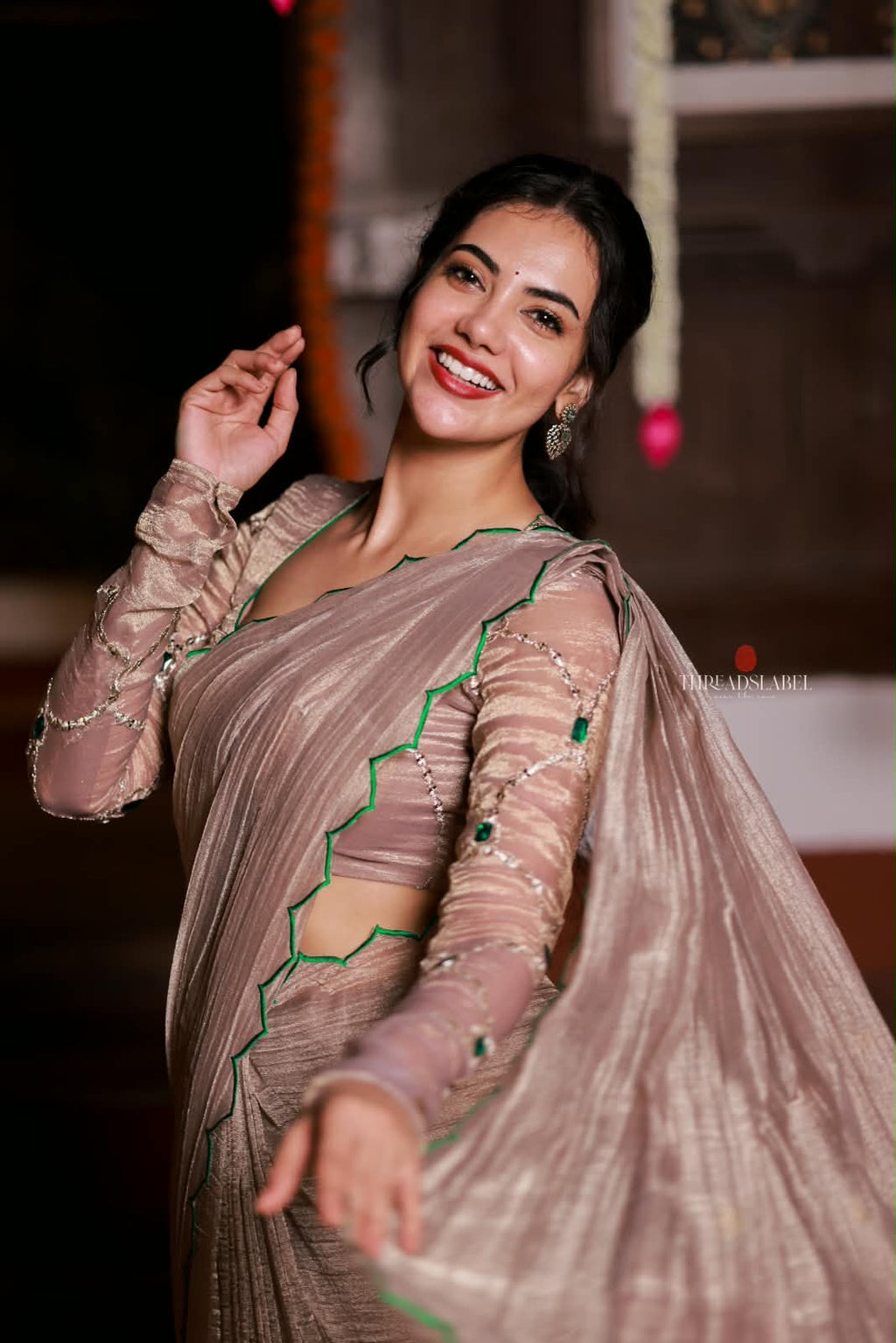 Dusty silver tissue hand made saree & blouse