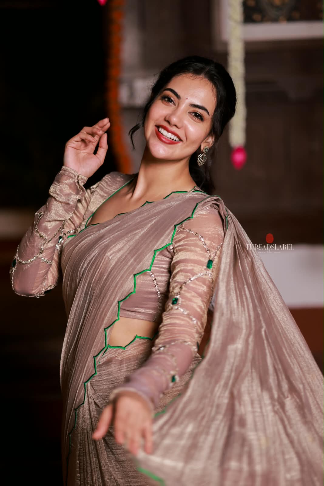 Dusty silver tissue hand made saree & blouse
