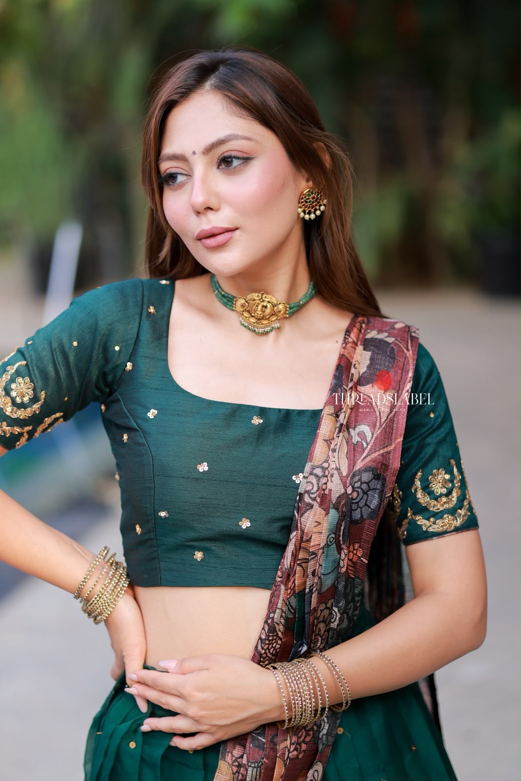 Green kalamkari handwork lehenga