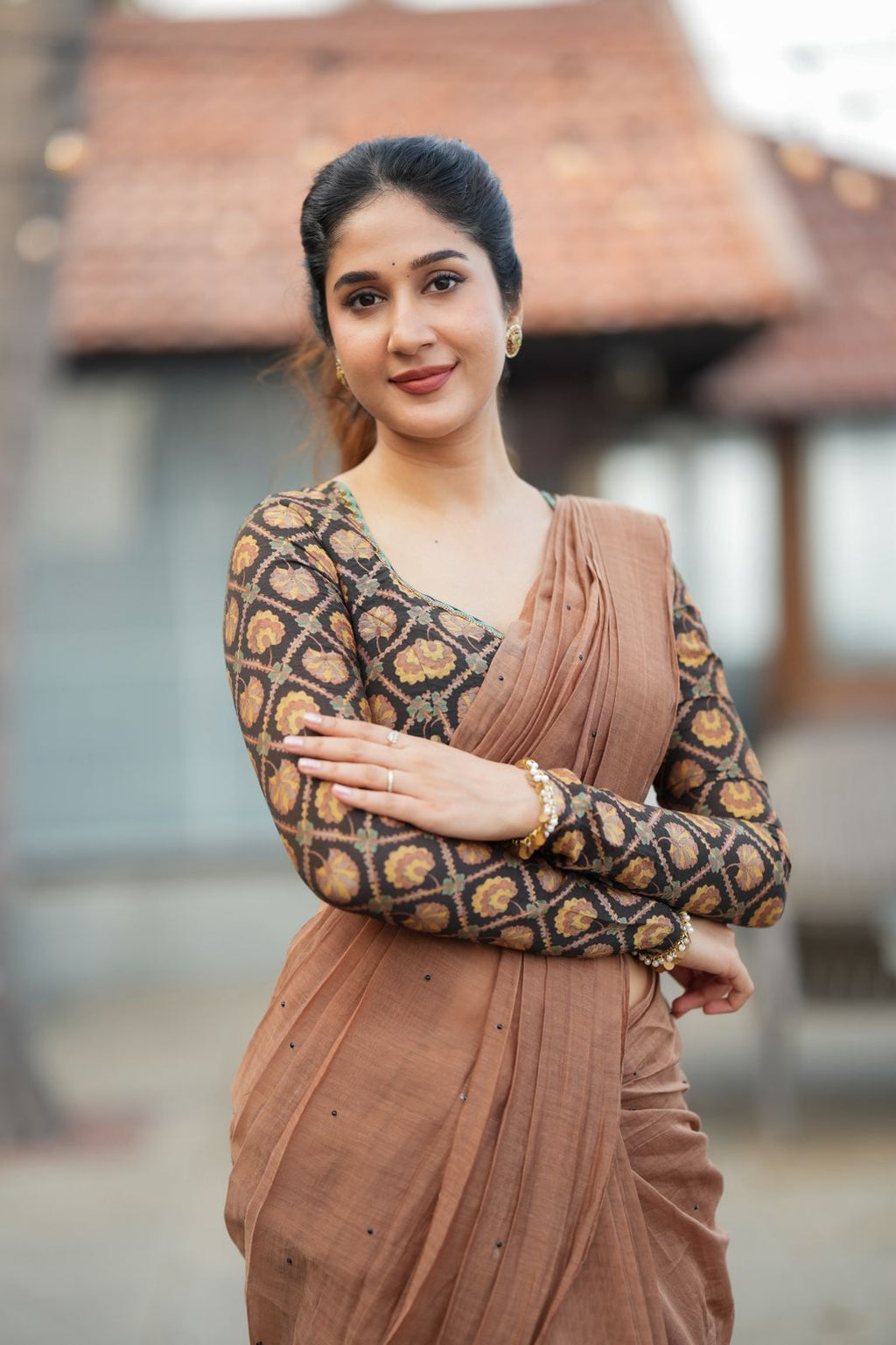 Brown malai chanderi saree with Ajrak print blouse