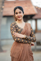 Brown malai chanderi saree with Ajrak print blouse
