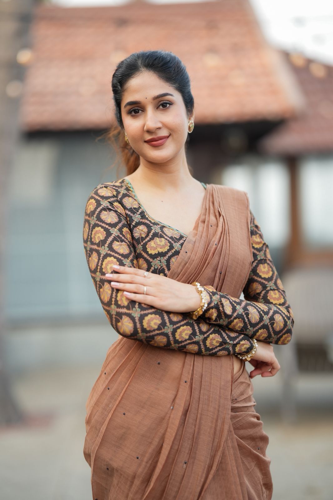 Brown malai chanderi saree with Ajrak print blouse