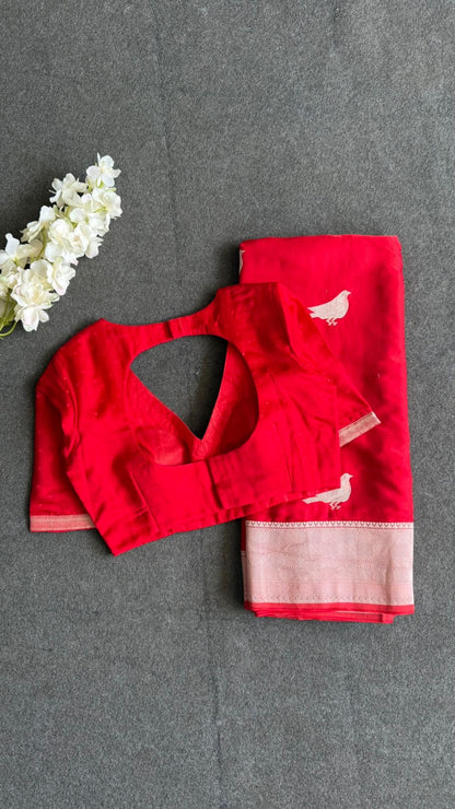 Red malai silk saree with zari work blouse