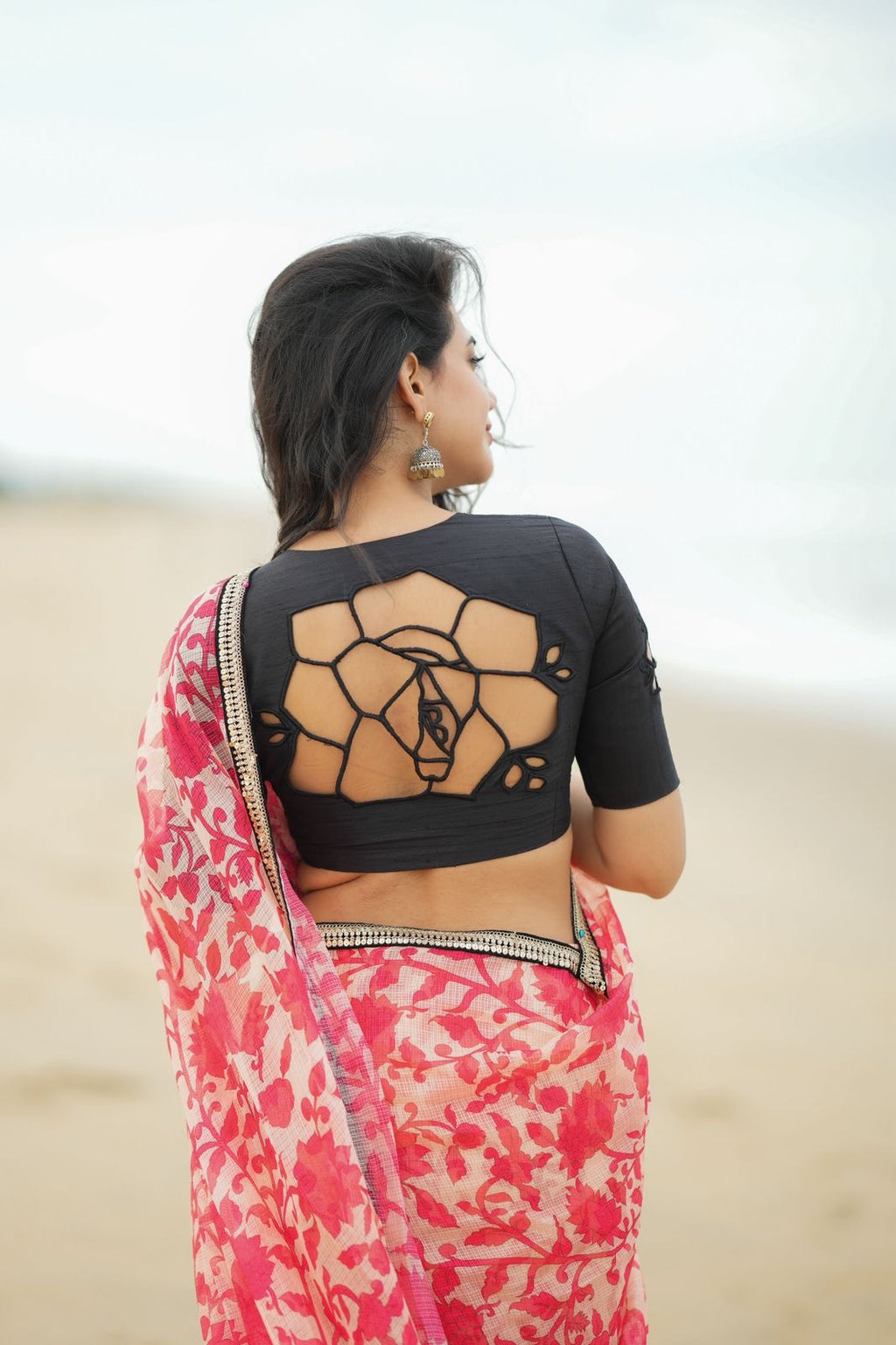 Cream red kota saree with silk hand work blouse