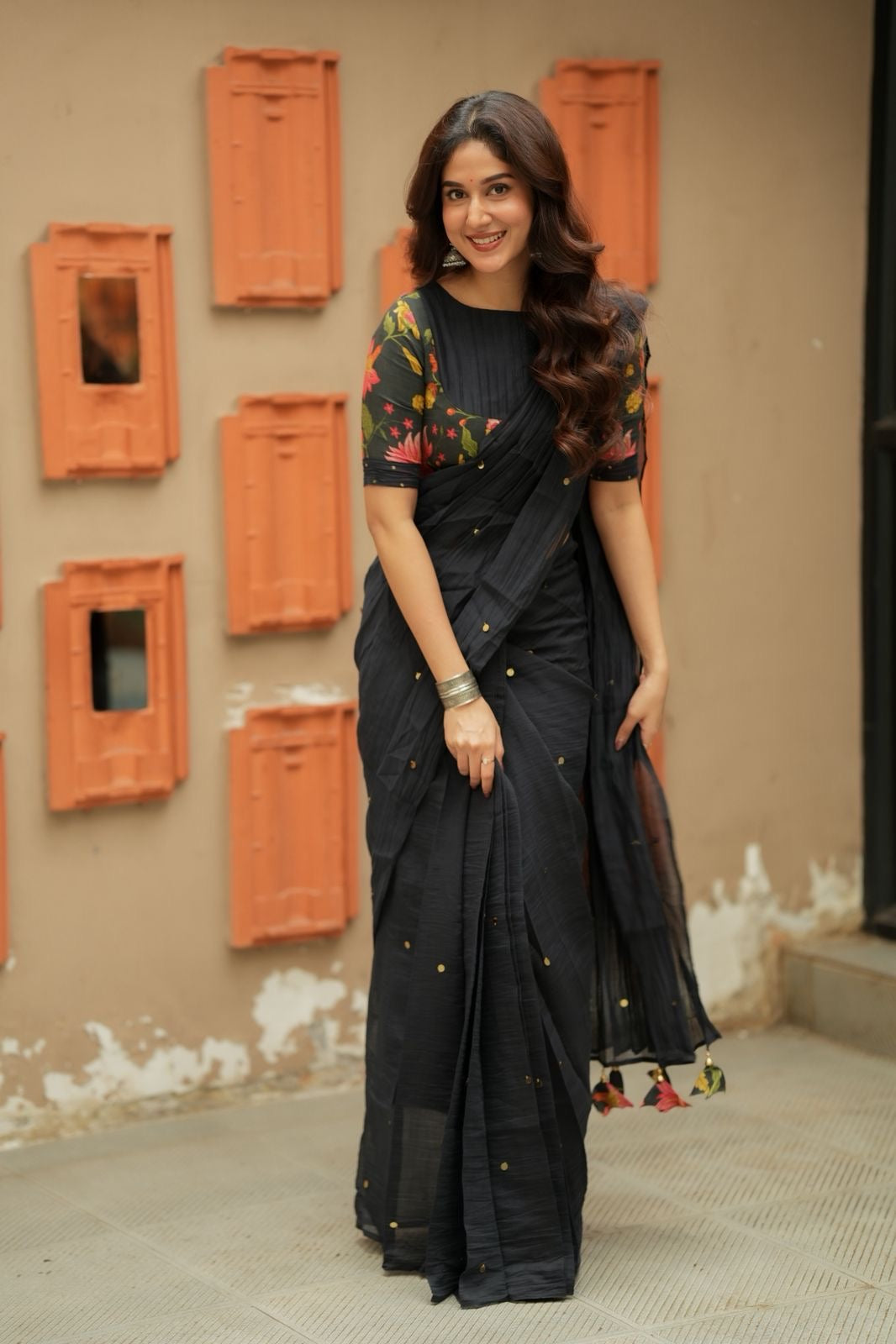 Black chanderi cotton floral print blouse (only blouse)