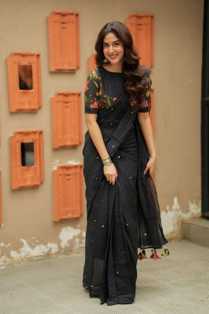 Black chanderi cotton floral print blouse (only blouse)