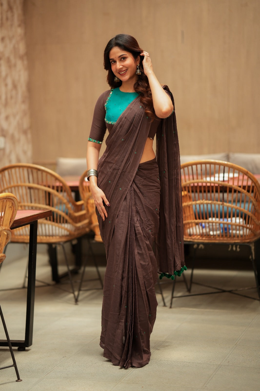 Dark brown mul chanderi with mirror blouse