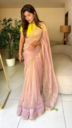 Purple pink tissue saree with hand work blouse