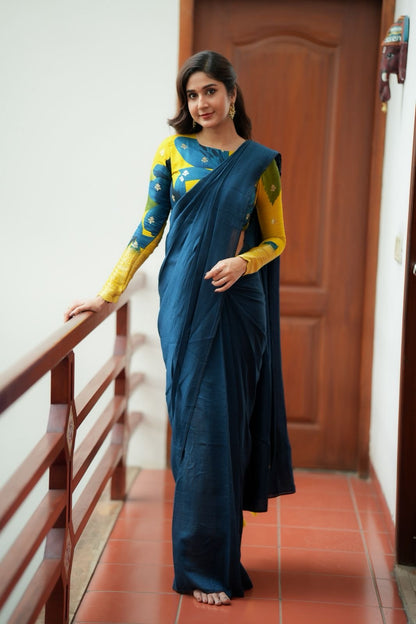 Deep blue marble silk saree with embroidery blouse