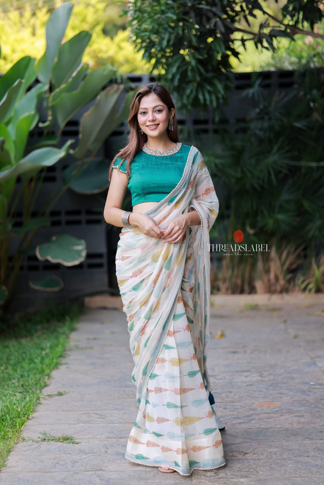 Rama green Jewel neck hand work blouse (only blouse)