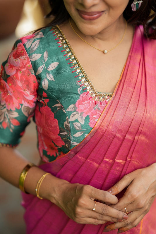 Pink soft tissue saree with hand work blouse