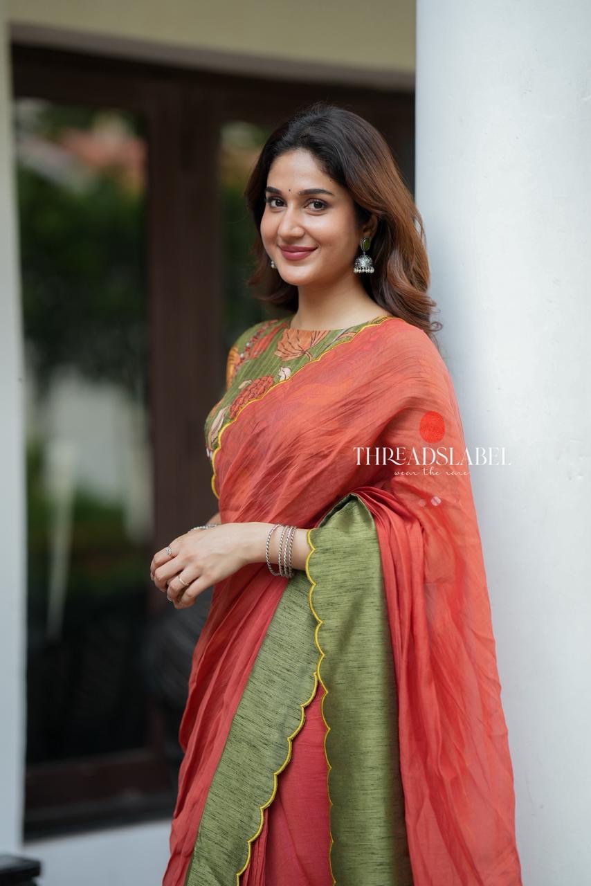 Orange rust mul cotton saree with kalamkari mirror blouse