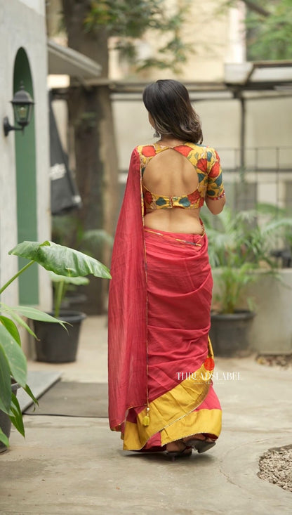 Maroon mul cotton saree with kalamkari mirror blouse