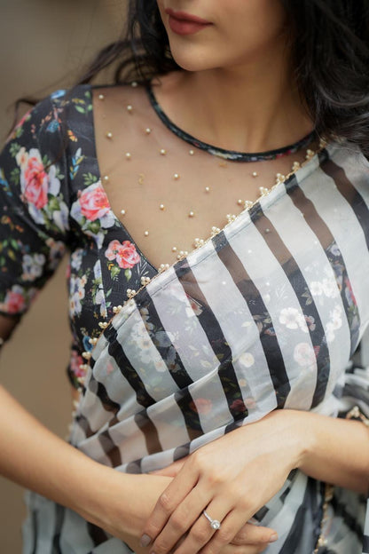 Black & white stripe organza saree with hand work blouse