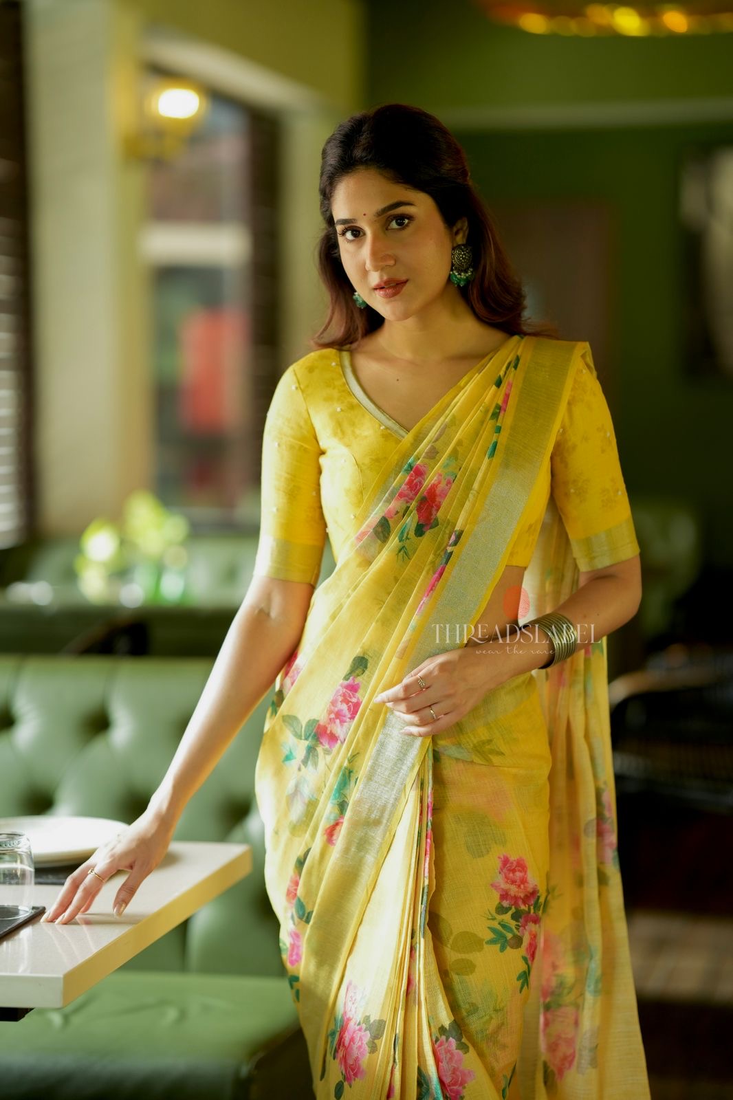 Yellow linen cotton saree with hand work blouse