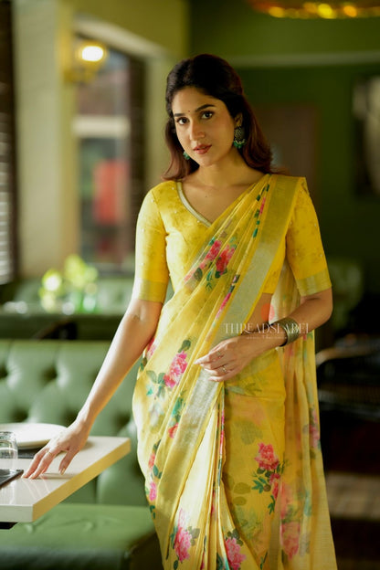 Yellow linen cotton saree with hand work blouse