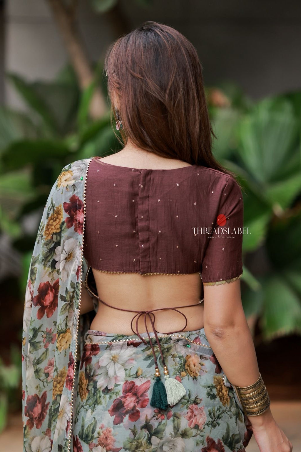 Sage green floral chiffon saree with hand work blouse