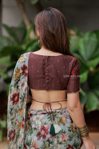 Sage green floral chiffon saree with hand work blouse