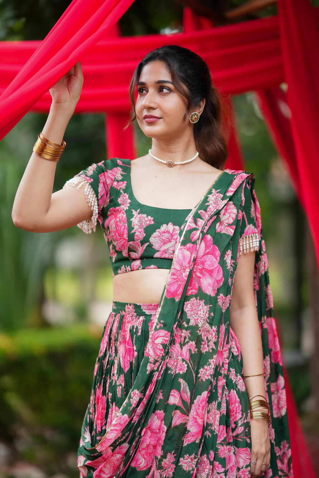 Green floral georgette handwork lehenga