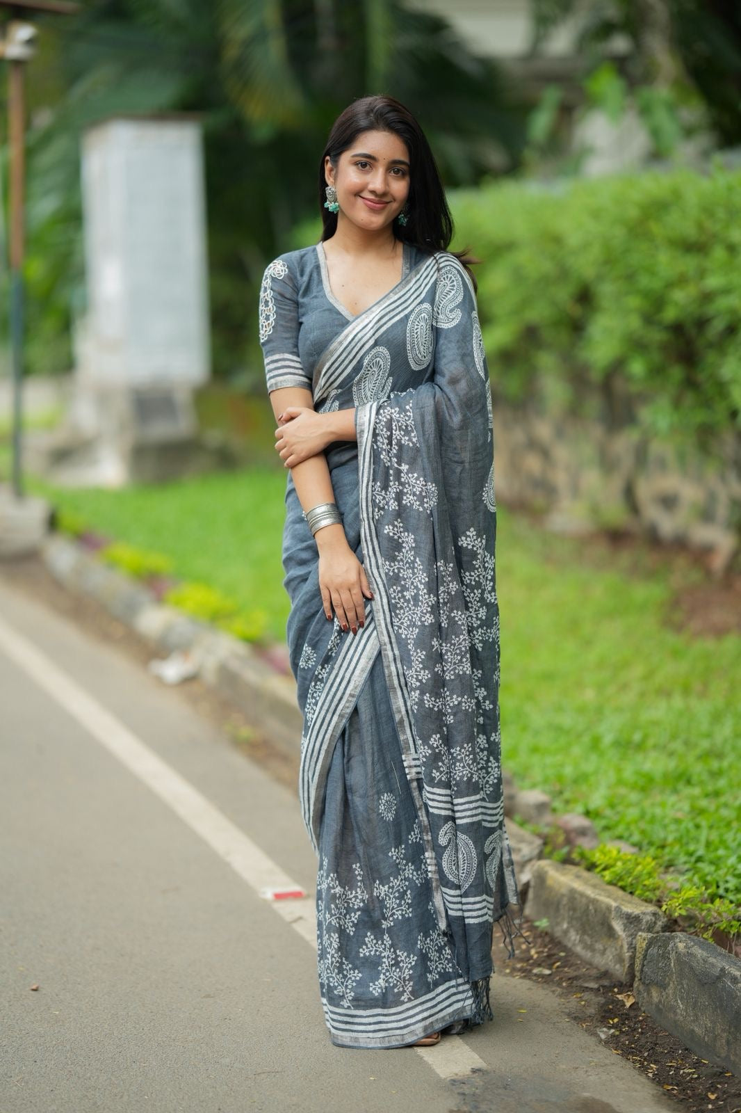 Grey linen floral printed designer saree