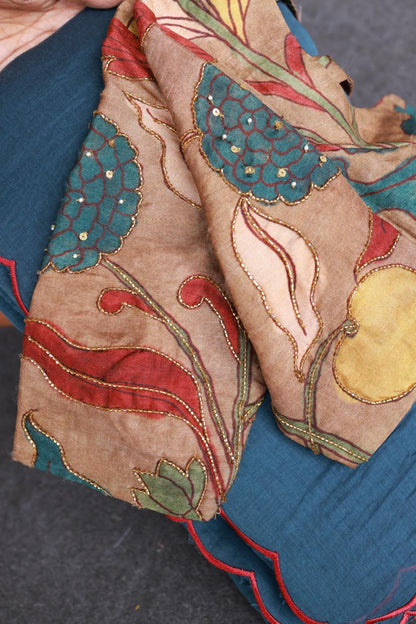 Blue malai cotton saree with kalamkari handwork blouse