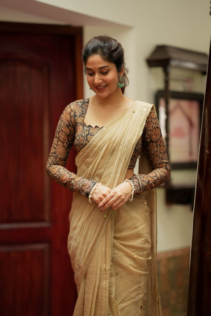 Cream malai chanderi saree with Ajrak print blouse