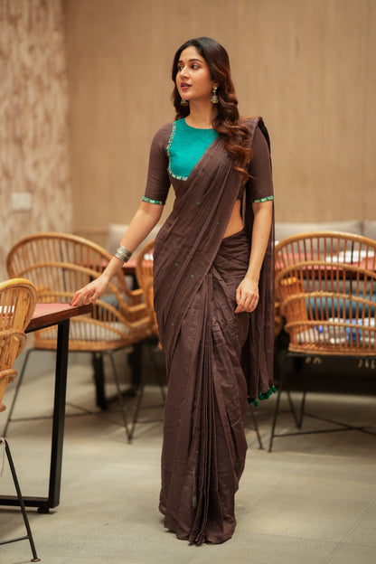 Dark brown mul chanderi with mirror blouse
