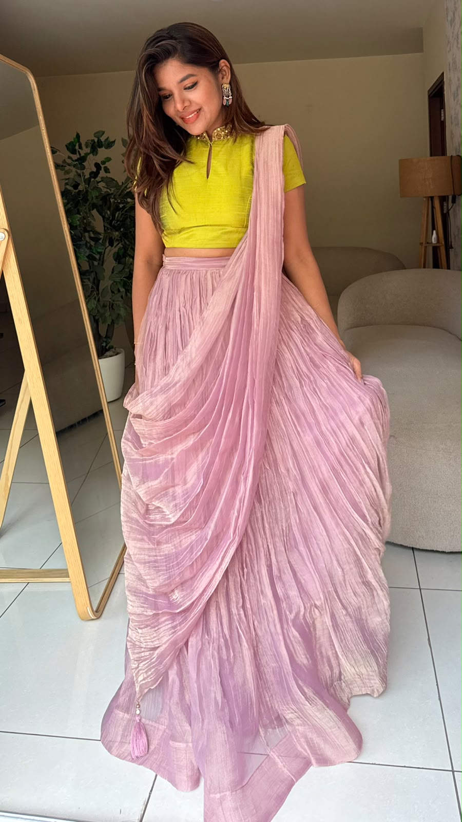 Purple pink tissue hand work lehenga