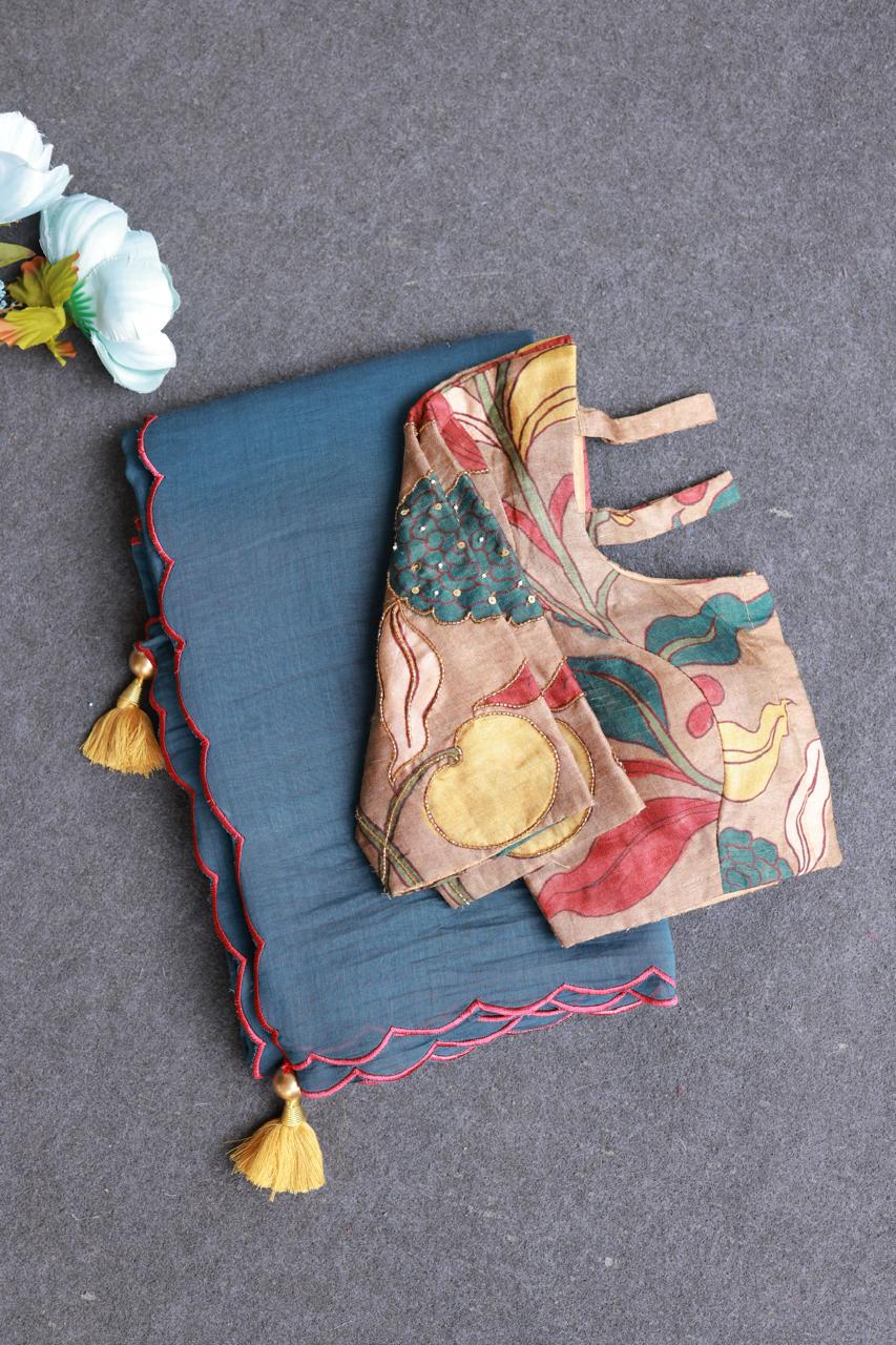 Blue malai cotton saree with kalamkari handwork blouse