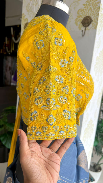 Blue banarasi silk saree with yellow embroidery blouse
