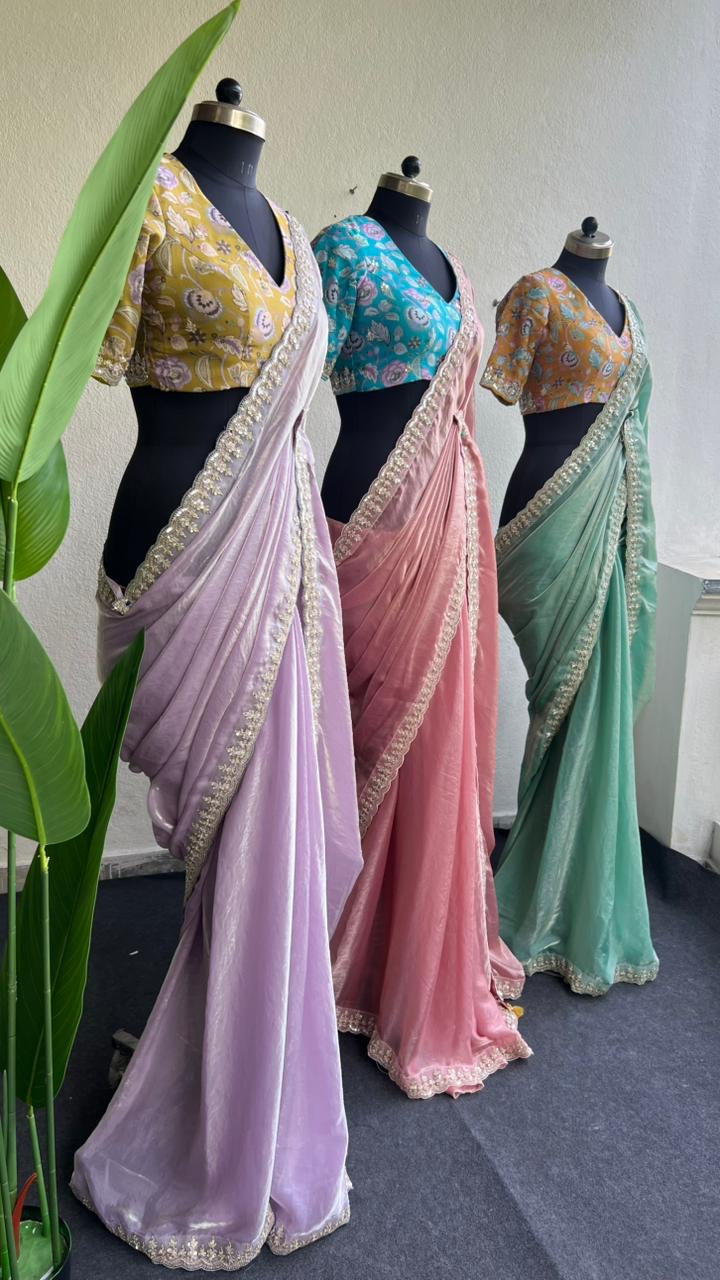 Lilliac soft tissue saree with yellow floral blouse