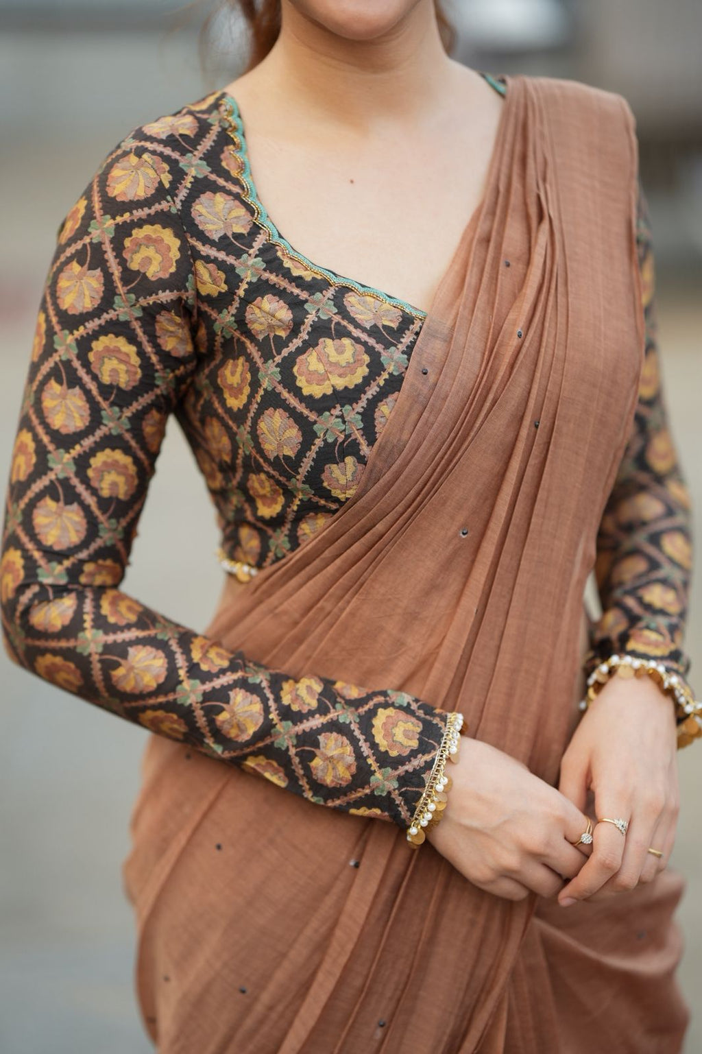 Brown malai chanderi saree with Ajrak print blouse