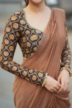 Brown malai chanderi saree with Ajrak print blouse
