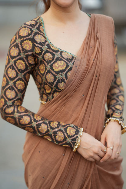 Brown malai chanderi saree with Ajrak print blouse