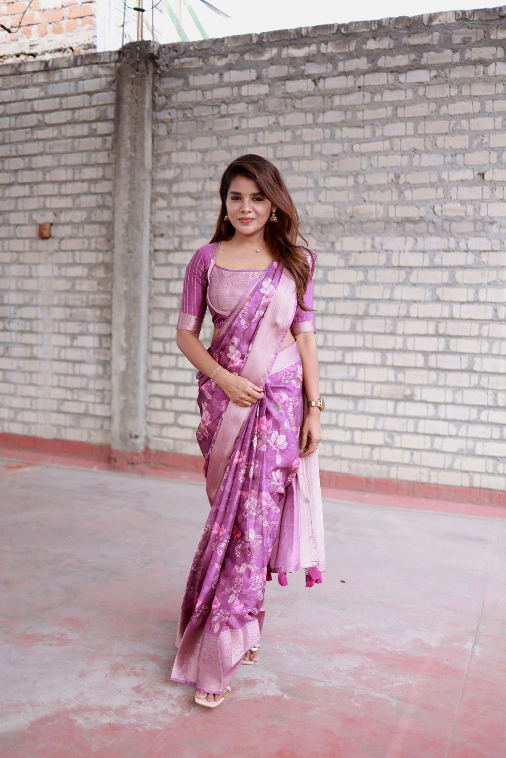 Cheryl pink georgette saree with patterned blouse