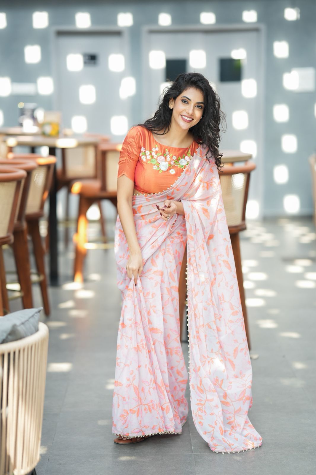 Reddish orange tissue floral hand work blouse(only blouse)