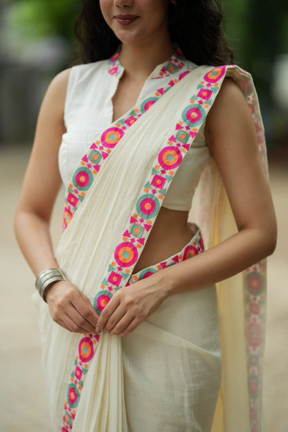 Cream cotton kota saree with embroidery work blouse